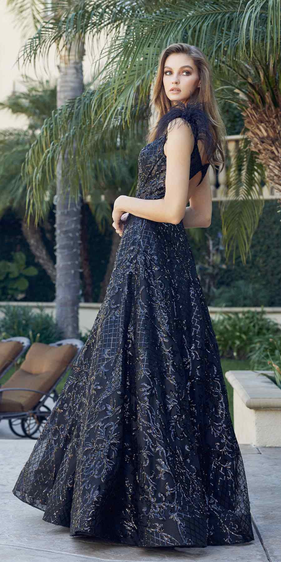 Black sequined A-line floor-length gown with cap sleeves and structured bodice