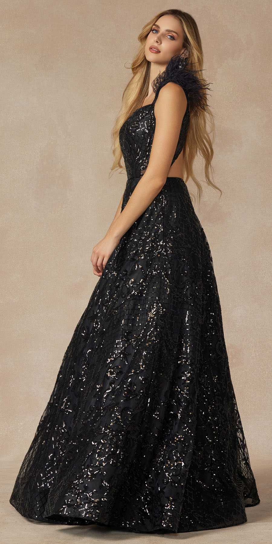 Black sequined A-line floor-length gown with sleeveless strap straps and full skirt