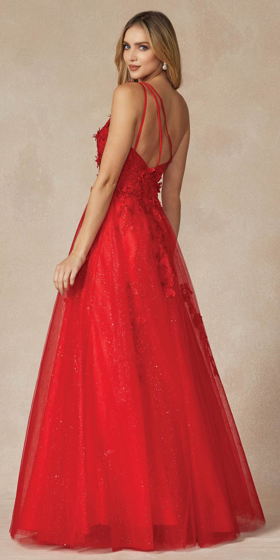 Red long one-shoulder gown with 3D flower embellishments, open back, full skirt