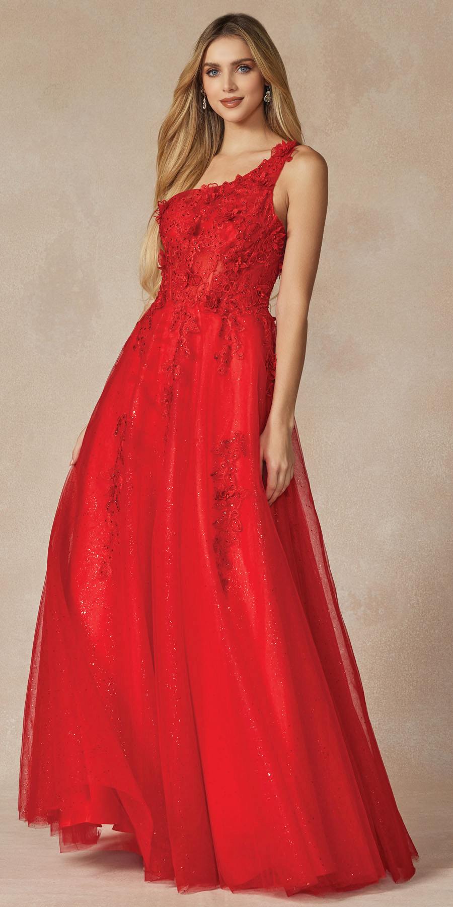 Red long one-shoulder gown with 3D flower embellishments, fitted bodice, flowing skirt