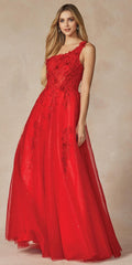 Red long one-shoulder gown with 3D flower embellishments, fitted bodice, flowing skirt