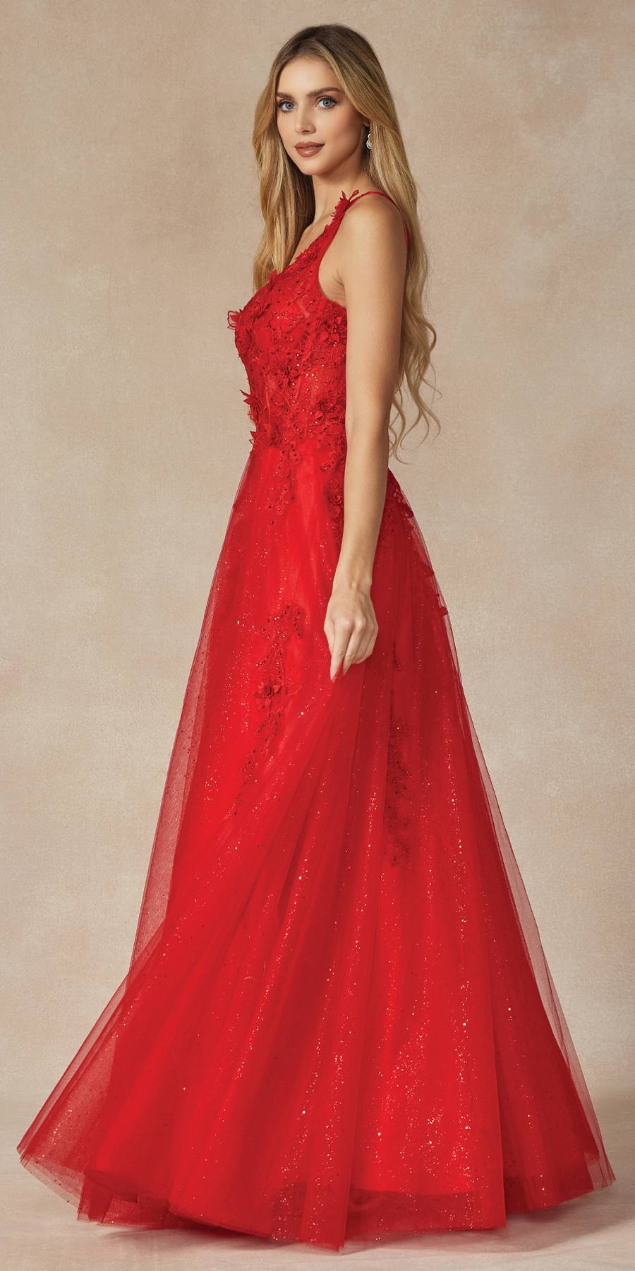 Red long one-shoulder gown with 3D flower detail and glittery tulle skirt