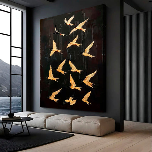 Abstract swallow bird wall art canvas with golden silhouettes on dark backdrop