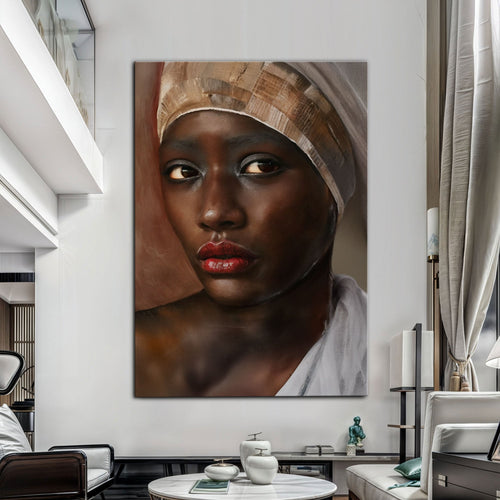 African woman portrait wall art canvas featuring headwrap and red lips, on a living room wall