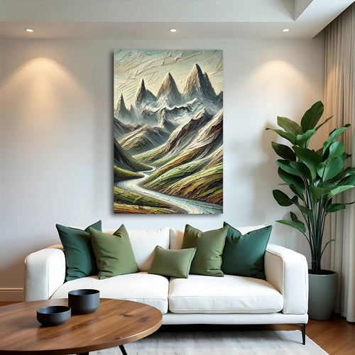 Abstract mountain and river landscape canvas wall art above a green sofa