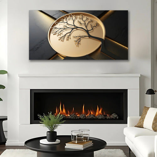 Wall art canvas with gold circular tree of life emblem and dark abstract background
