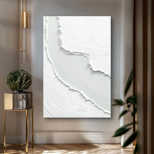 White textured abstract wave wall art canvas with raised relief, subtle gray tones