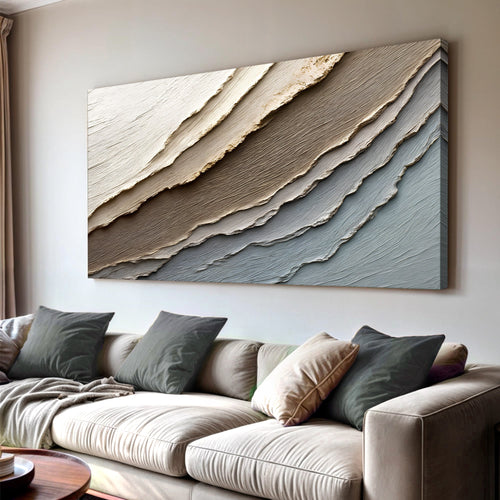 Abstract wall art canvas with layered ridges in taupe, cream, and soft blue-gray