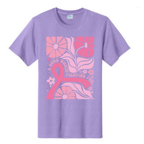 Breast cancer awareness T-shirt in lavender purple with pink ribbon and floral graphic