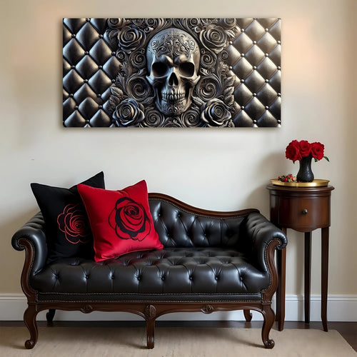 Skull and rose wall art canvas featuring a blue-gray skull surrounded by detailed roses