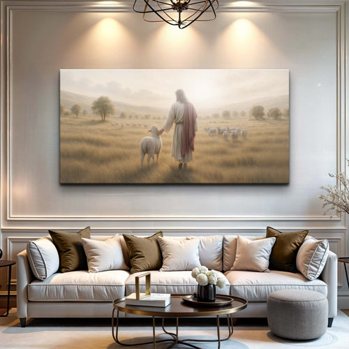 Landscape canvas wall art showing a woman walking with sheep in a golden field