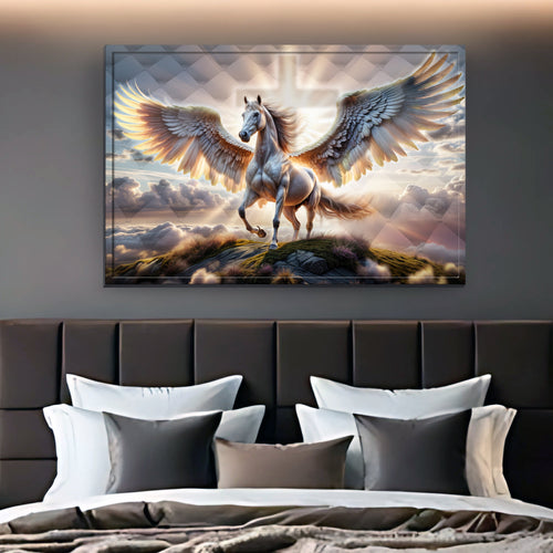 Winged horse canvas wall art in dark frame, horse rearing with spread wings