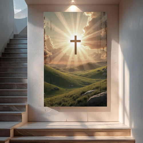 Wall sign with sunburst sky over green landscape and a gold cross
