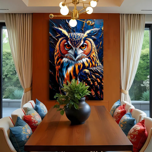 Abstract owl canvas wall art centered on a wall, featuring blue, orange, and black tones