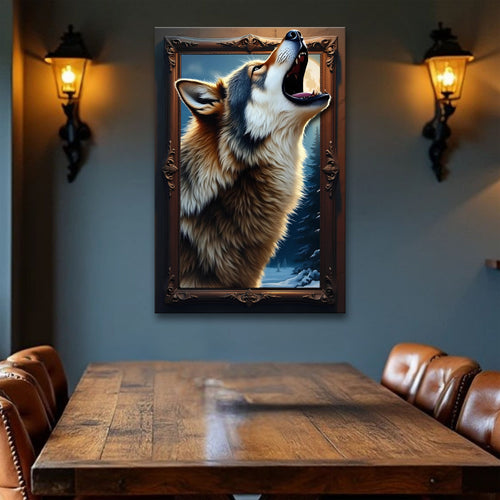 Wolf wall art canvas in ornate frame, howling wolf portrait displayed on a wall