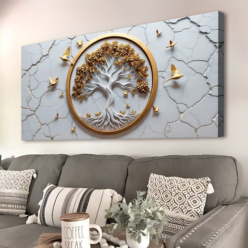 Landscape white wall art canvas with golden oval tree of life, pale cracks, and birds