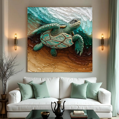 3D turtle wall art canvas with teal shell and brown shoreline waves design