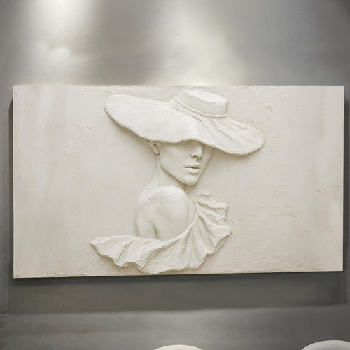 White sculpted female profile relief on textured canvas, landscape wall art