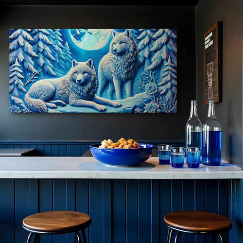 Horizontal canvas wall art of two wolves resting on snow beneath a moon