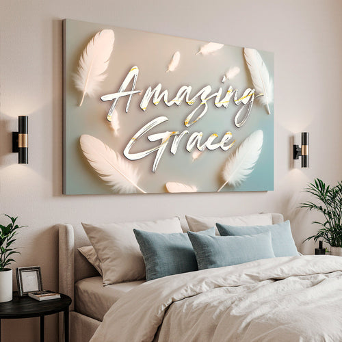Amazing Grace wall sign with feather wreath, glowing white script text, and pale blue background