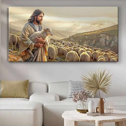 Landscape canvas wall art: shepherd holding a lamb beside a sheep-filled valley