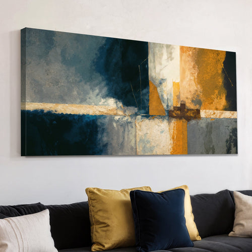 Abstract geometric wall art canvas with layered blue, cream, gold, and gray panels