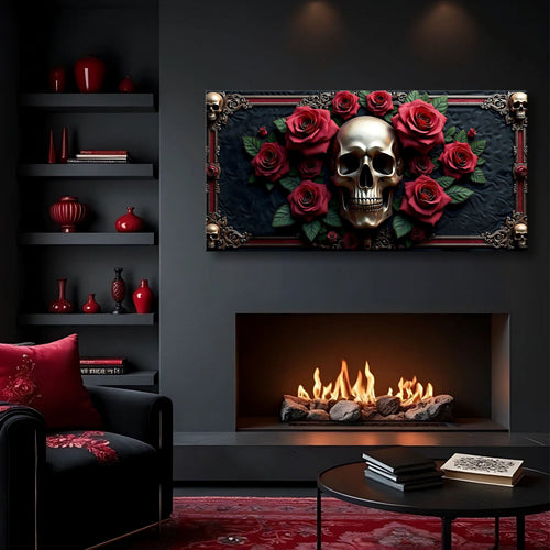 Framed 3D skull wall art with red roses on dark background, silver skull centerpiece