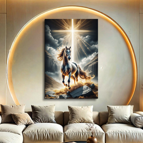 Horse faith wall art canvas with a blue horse under a bright sunburst in clouds