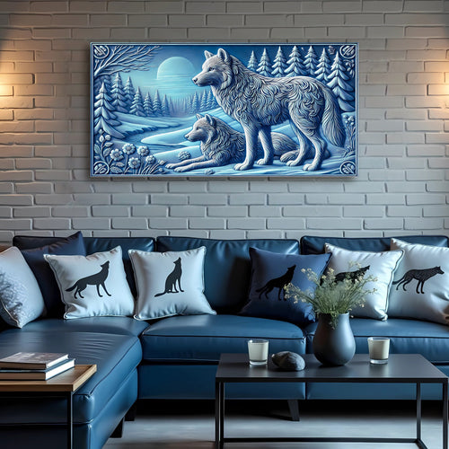 Framed wolves wall art above a blue sectional sofa with printed wolf pillows