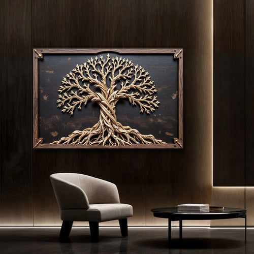 Framed 3D Celtic tree of life wall art featuring raised gold-tone tree design