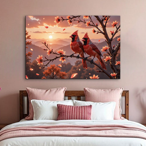 Landscape canvas wall art featuring two red cardinals on a flowering branch with sunset scenery.