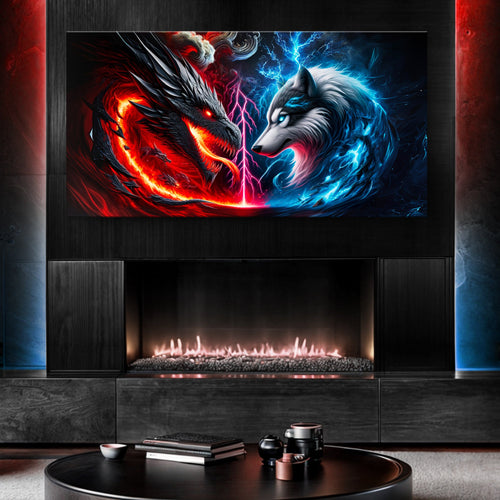 3D dragon and wolf wall art panel with red and blue glowing creature faces