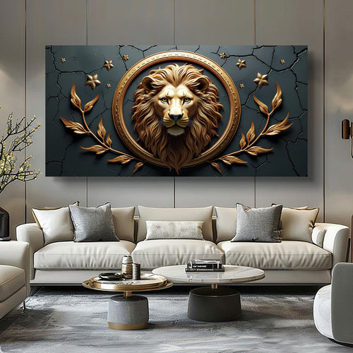 Lion wall art with golden lion head in an oval medallion, dark teal background and gold branches