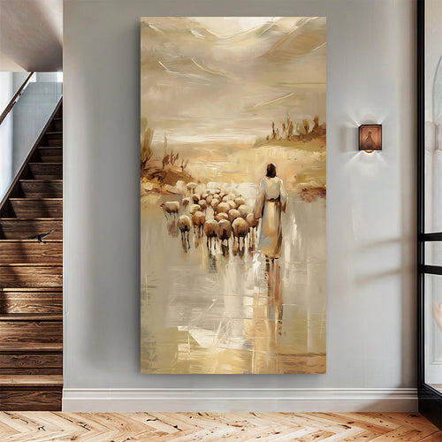Faith wall art canvas showing a robed figure facing a sheep flock under golden sky tones