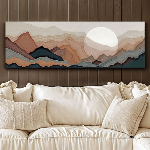 Abstract mountains landscape wall art with layered waves and large moon