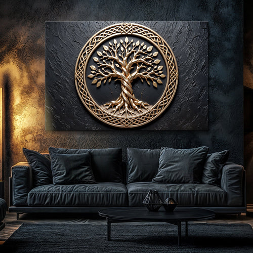 3D Celtic tree of life wall art with gold-toned circular knot frame on dark panel