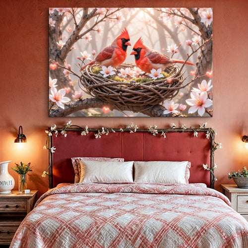Cardinals wall art canvas with two red cardinals in a nest on blooming branches