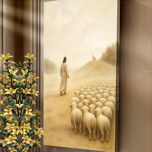 Landscape canvas print of a shepherd standing near sheep on a misty hillside