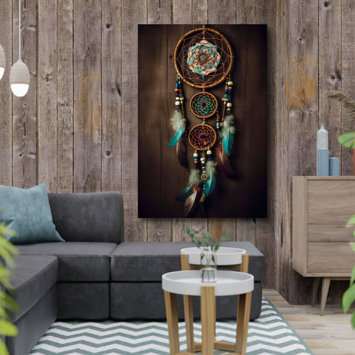 Wall art canvas with dreamcatcher circles, teal feathers, and multicolor bead accents