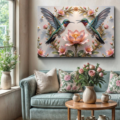3D hummingbird wall art featuring two teal birds with spread wings and spring flowers.