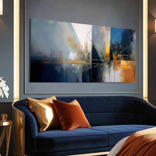 Framed abstract geometric canvas wall art with blue and gold vertical accents