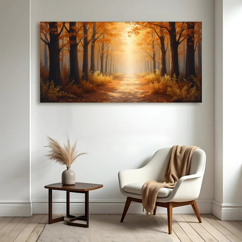 Forest path landscape canvas print with warm golden sunlight on a wall