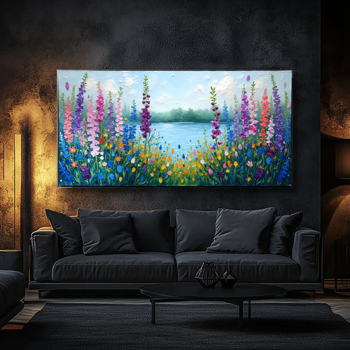 Framed wildflower landscape wall art with colorful purple and pink flowers by a lake