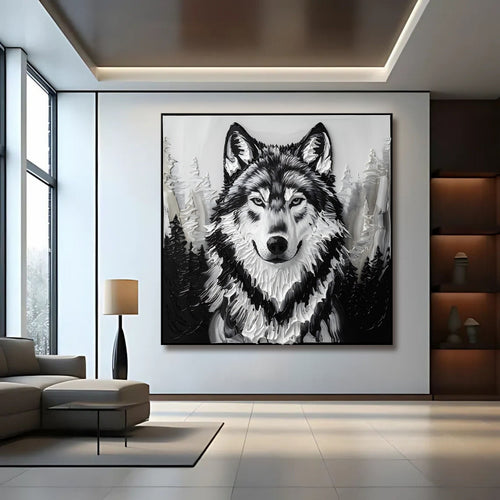 Framed black-and-white wolf wall art canvas portrait with trees in grayscale