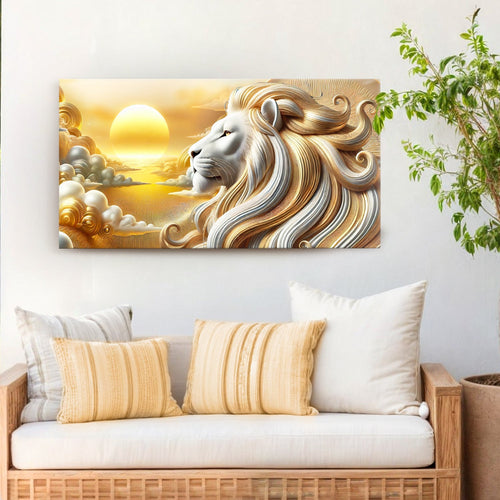 Lion wall art canvas with 3D mane, glowing sun, and cloudy horizon in warm gold tones