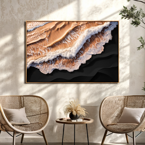 Framed ocean waves wall art with amber sand, white foam, and dark water layers
