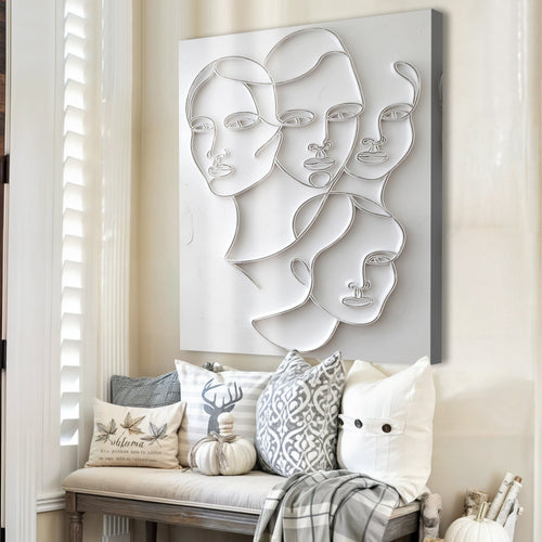 3D minimalist face wall art with multiple raised profile faces in white relief, wall mounted