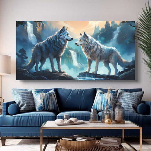 3D wolves wall art canvas showing two blue wolves facing each other in a misty forest