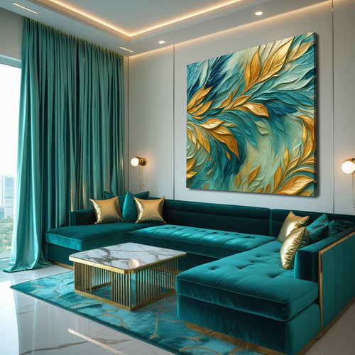 Abstract wall art canvas featuring teal-blue movement with gold leaflike feather strokes
