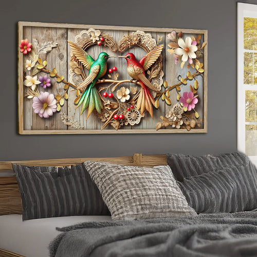 Framed 3D hummingbird wall art with teal and red birds and colorful flowers